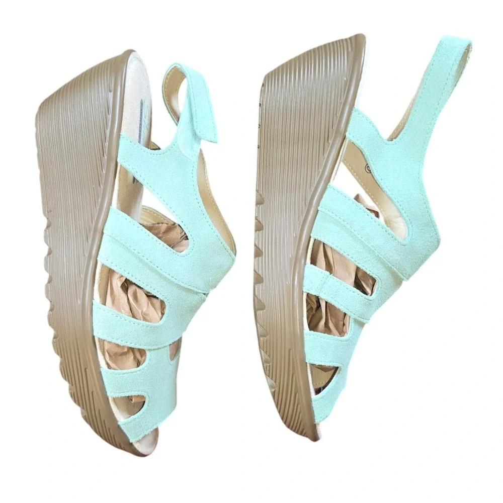 Skechers Memory Foam Wedge Sandals‎ Strappy Aqua Casual Comfort Womens